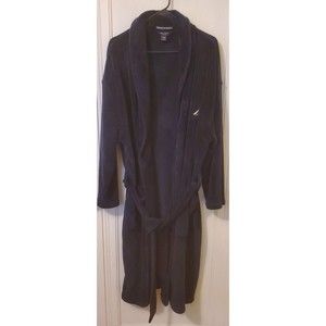 Nautica Men's Navy Blue Solid Plush Shawl Robe One Size Pockets Excellent